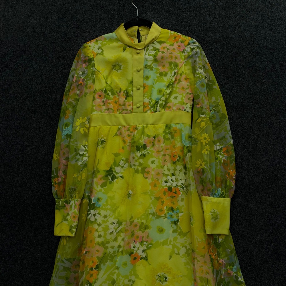 Vintage 60s Lime Green Floral Chiffon Maxi Dress Bishop Sleeve Empire Waist
